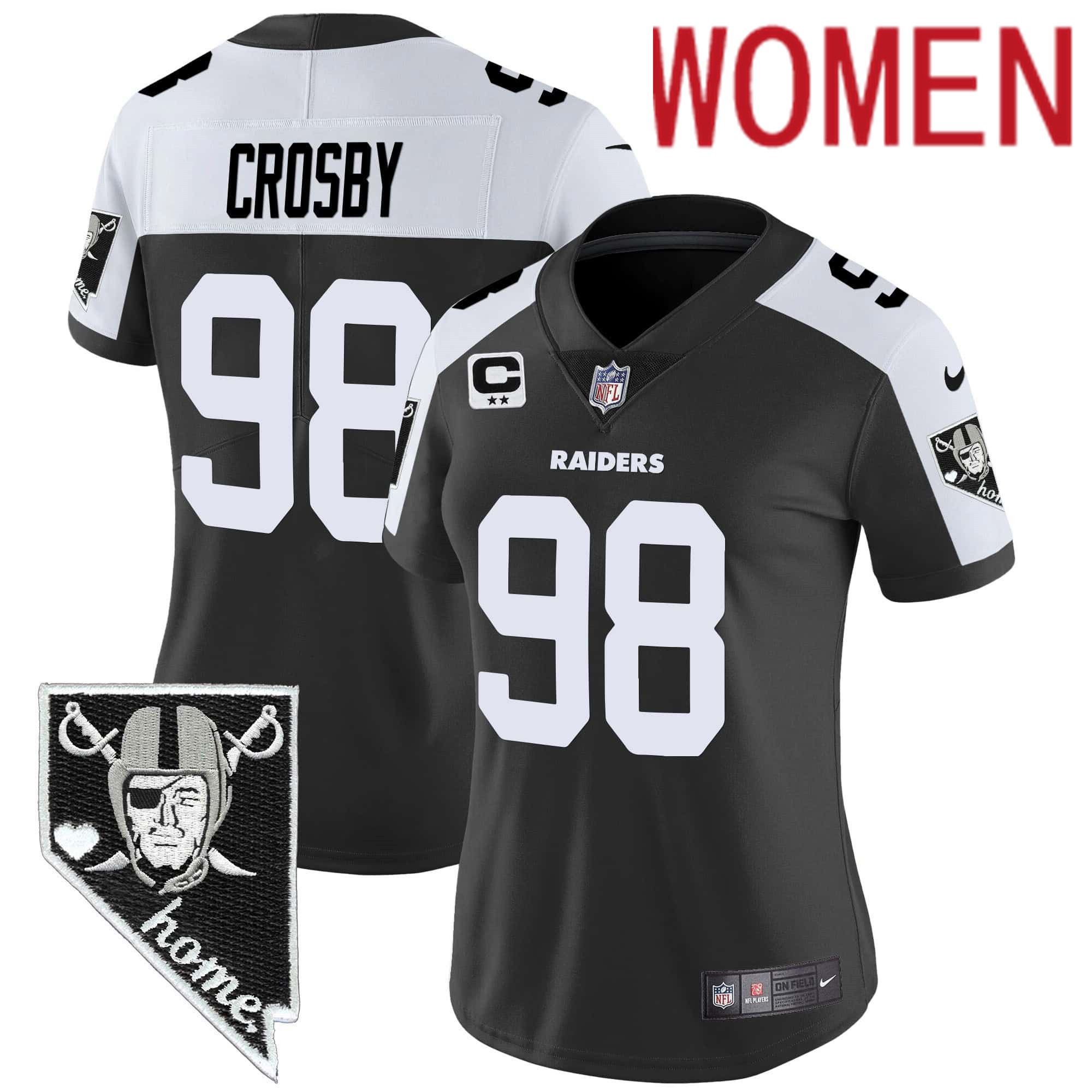 Women Oakland Raiders 98 Crosby Black 2024 Nike Nevada Home Patch Vapor NFL Jersey